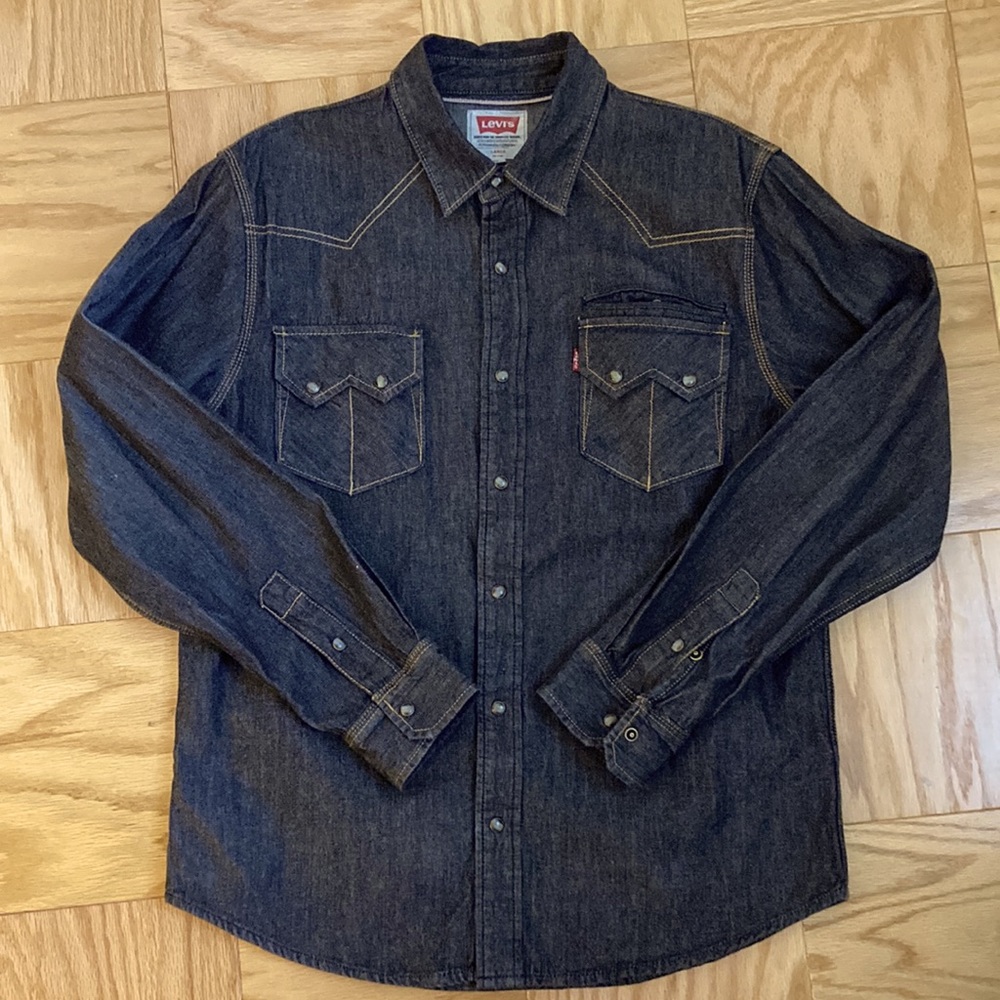 Levi's Red Tab Dark Denim Jean Mens Large Western Pearl Snap Shirt Cowboy